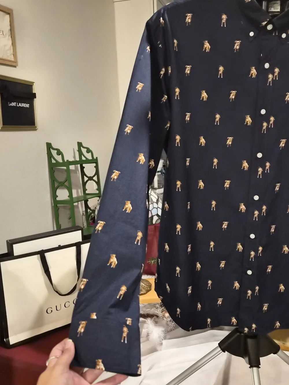 J.Crew Men's XL Secret Wash Classic Fit Navy Blue Novelty Dog Print Stretch